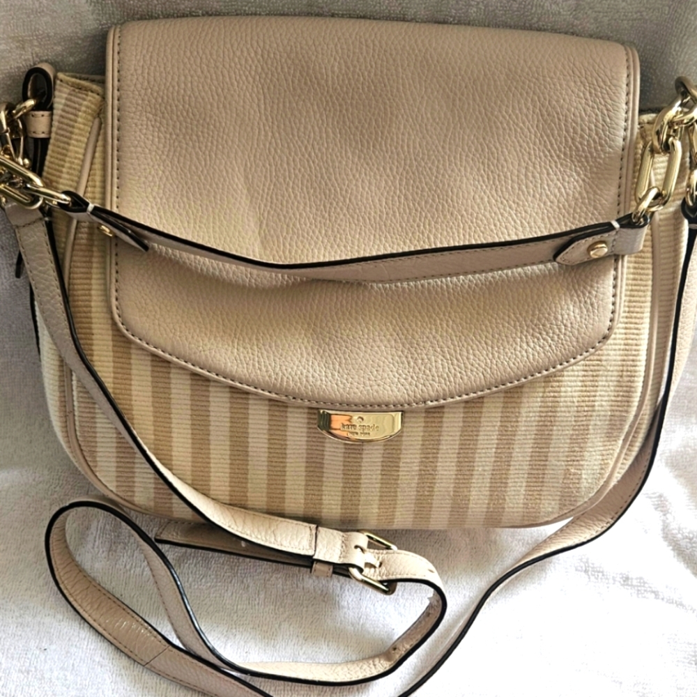 New Kate Spade NY Mulberry St.  Alicia Leather Handbag Beige Stripes - Picture 9 of 9